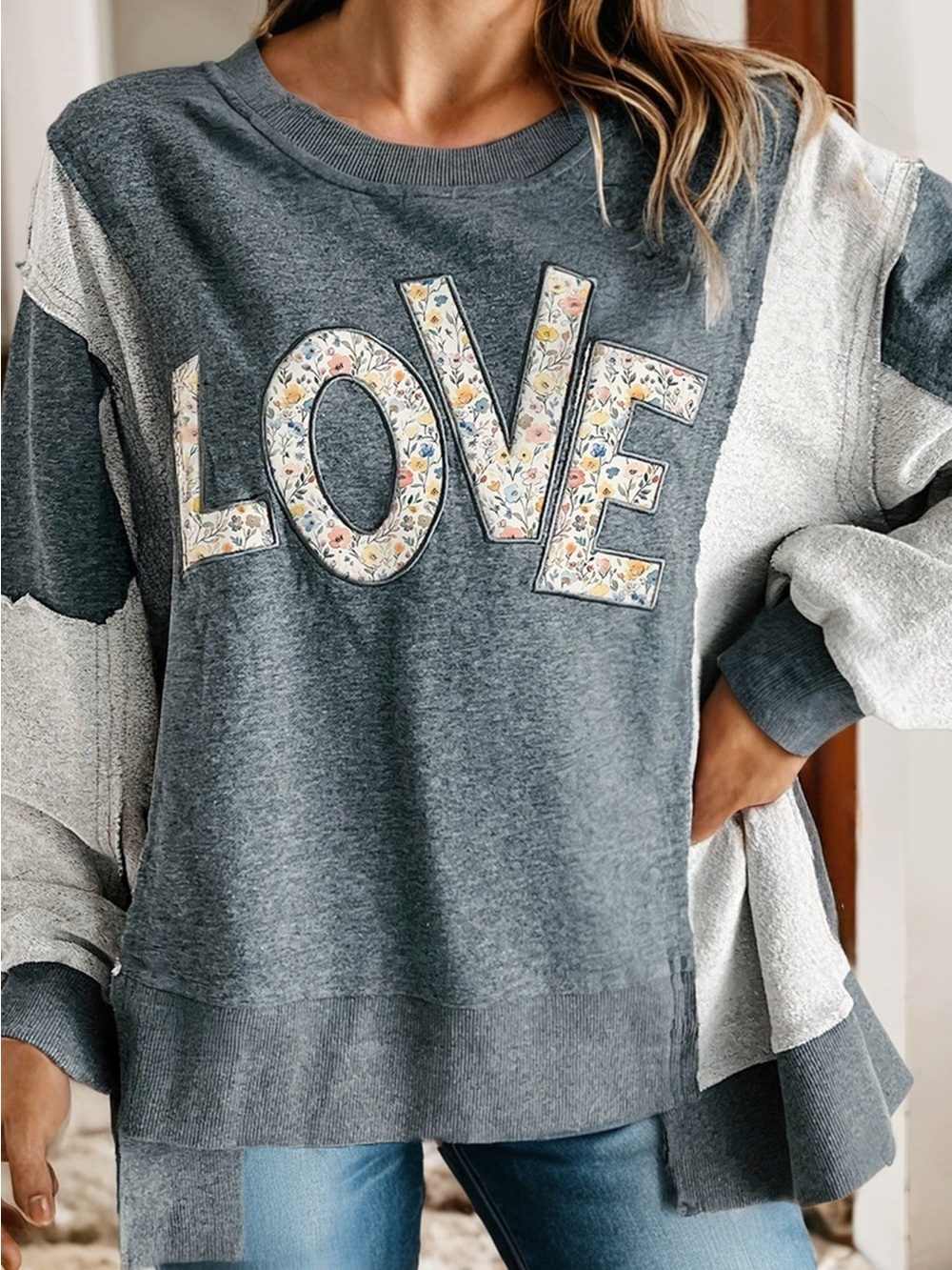 LOVE Valentine Graphic Exposed Seam Patchwork Sweatshirt